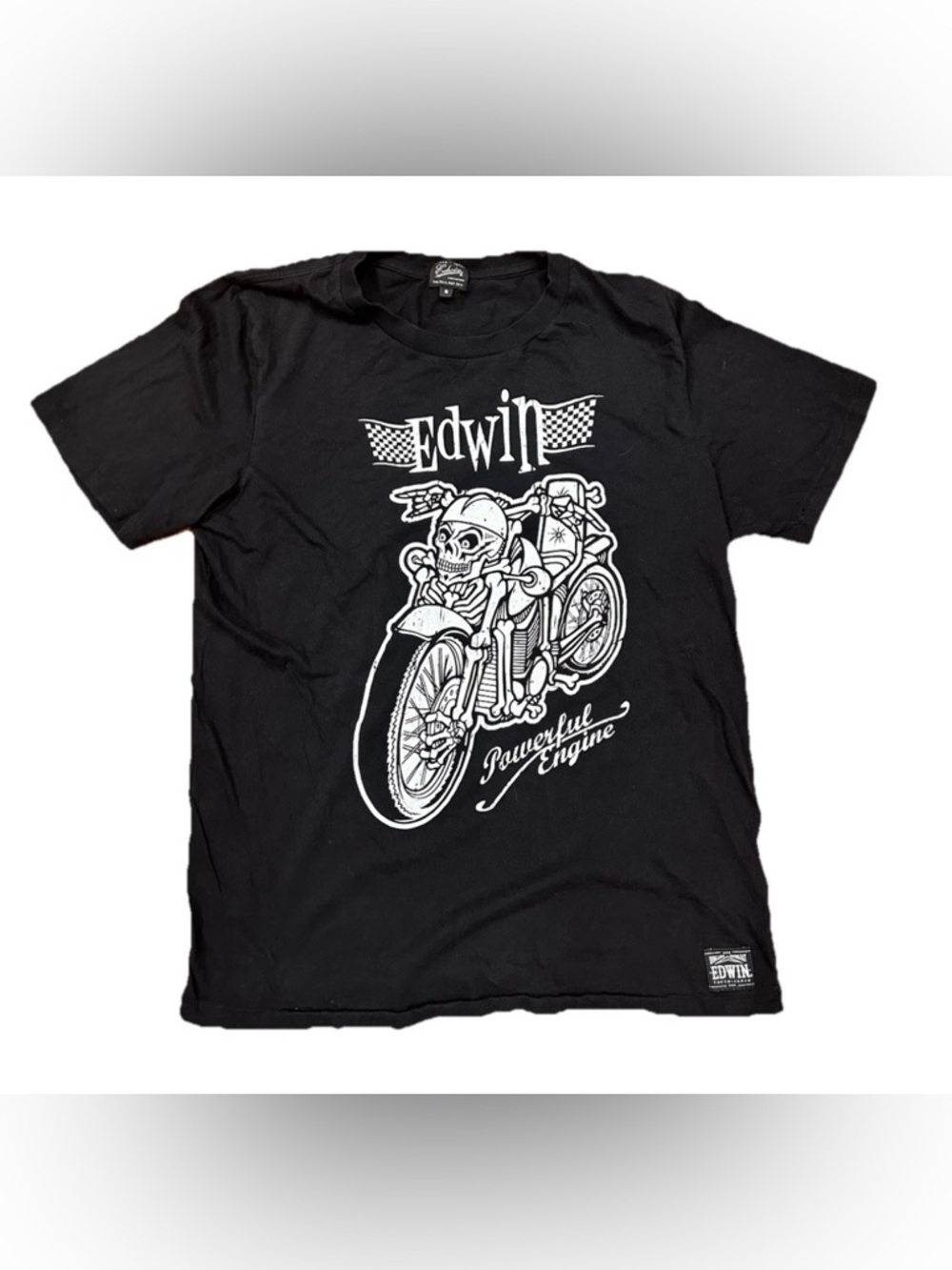 Edwin Graphic Tee Men's Size S Black Motorcycle Skull Powerful Engine Shirt‎